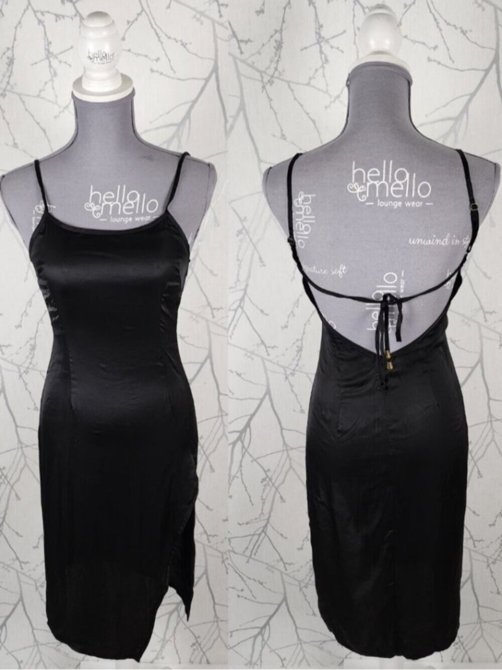 Jagger & Stone Black Satin Side Slit Strappy Backless Dress